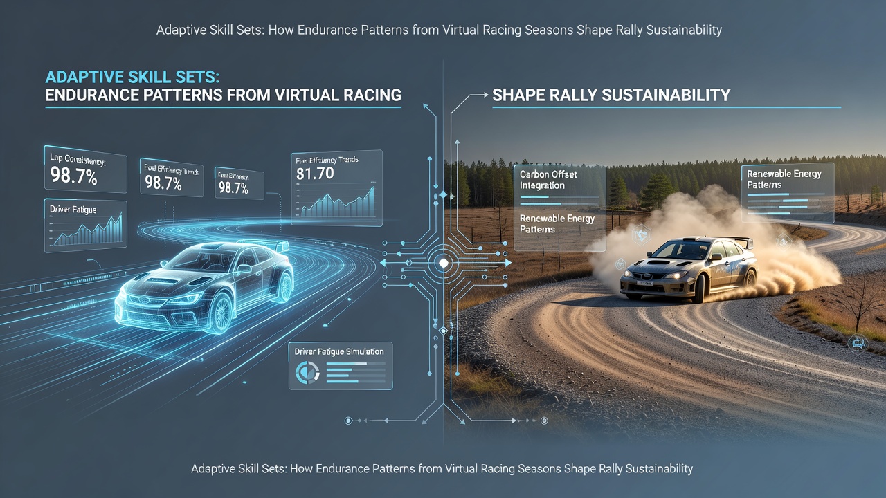 Split-screen view of a virtual racing cockpit transitioning into a tennis court rally sequence with overlaid stamina and consistency graphs