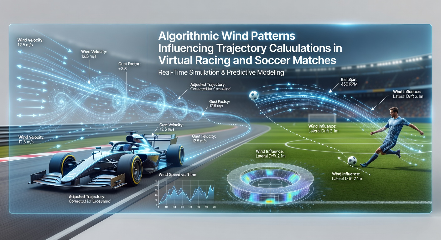 Visualization of algorithmic wind vectors affecting vehicle trajectories on a virtual racing track during a multiplayer session