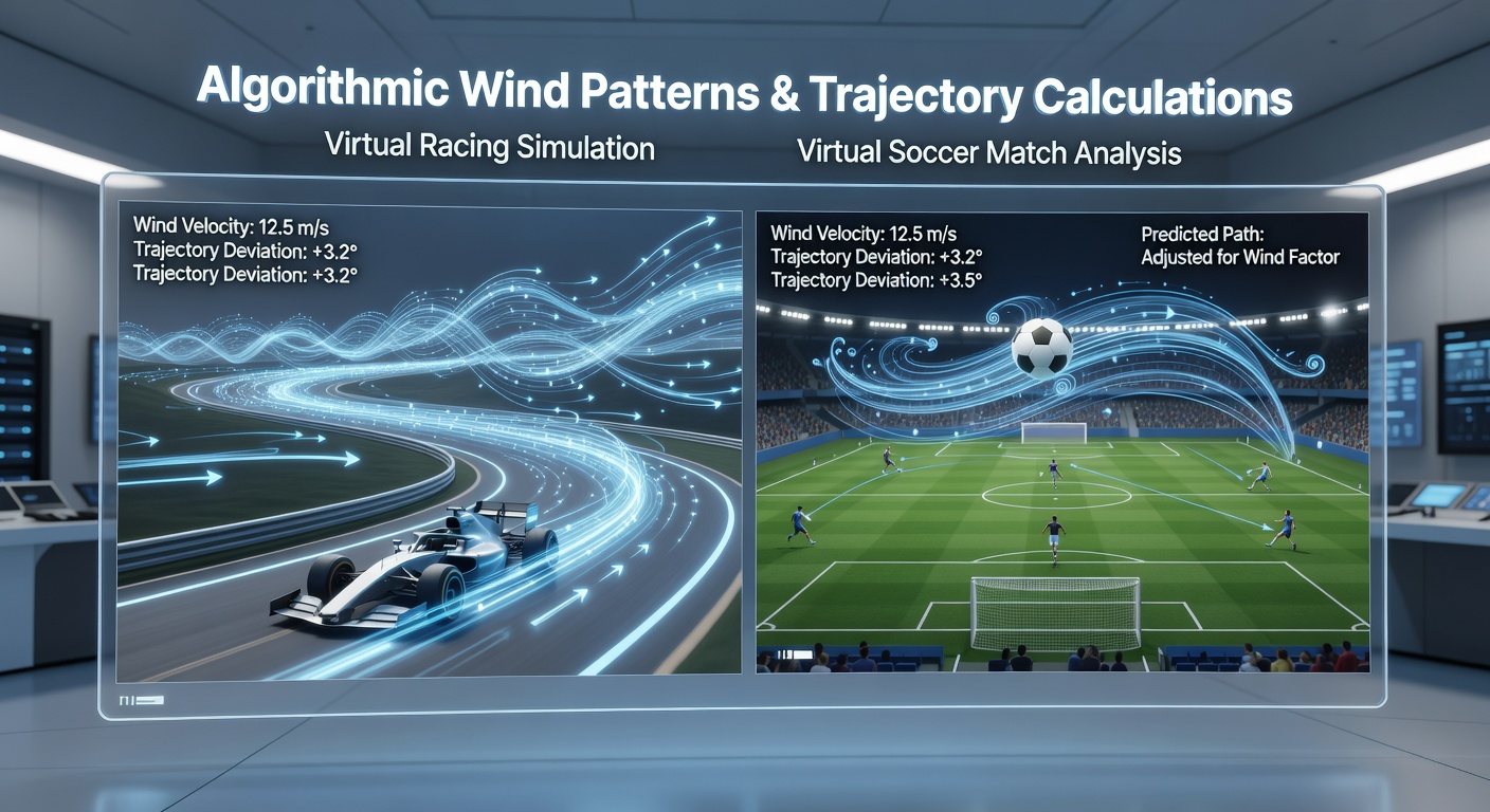 Side-by-side comparison of wind-influenced ball trajectory in soccer versus vehicle drift in racing under identical algorithmic gust conditions