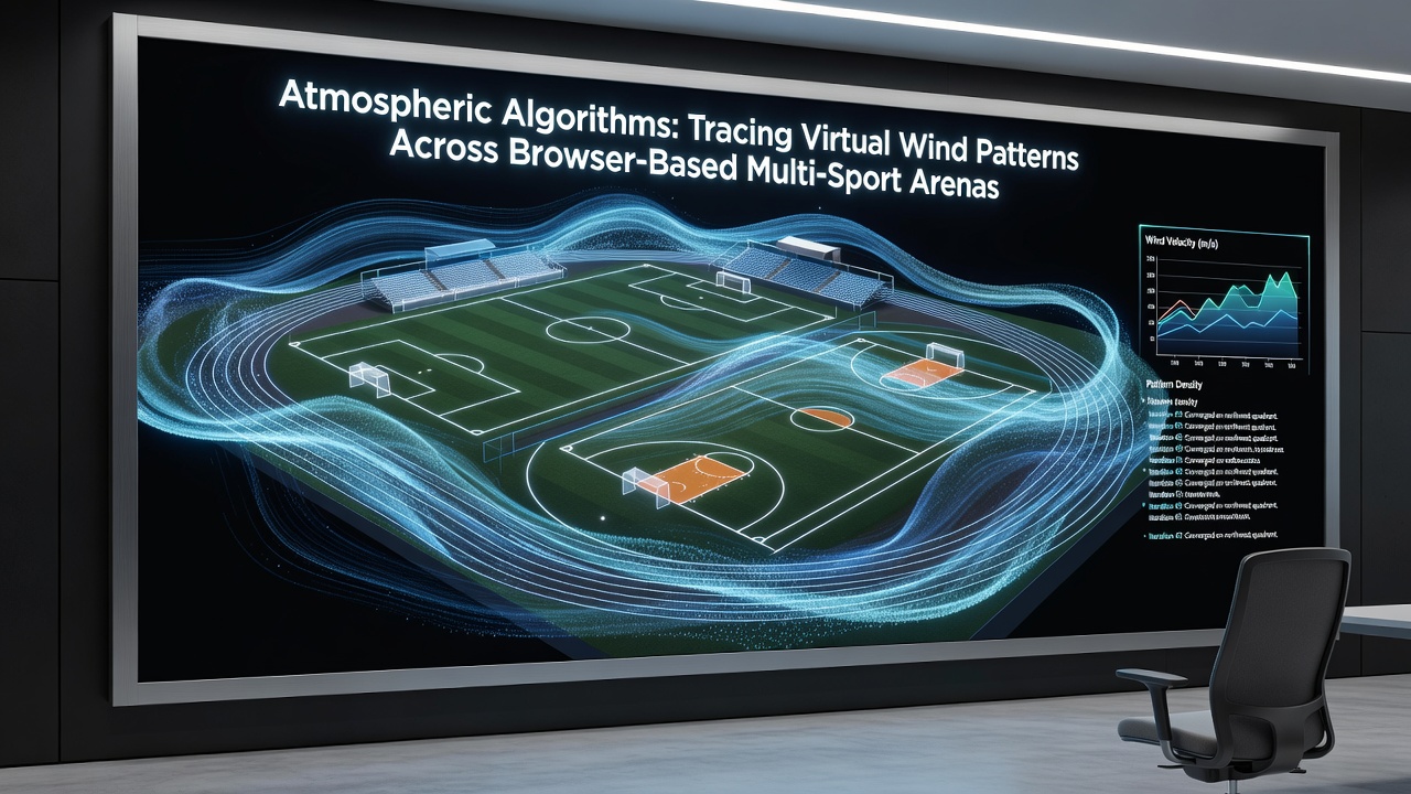 Detailed diagram showing wind pattern overlays on racing tracks and tennis courts within a unified browser arena environment