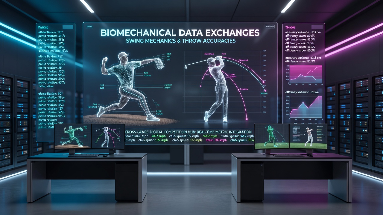 Biomechanical data visualization showing swing mechanics linking to throw accuracy in cross-genre sports simulations