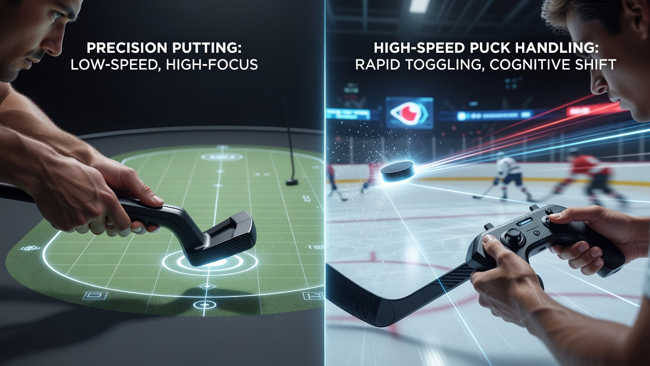 Split-screen view of a player avatar executing a precise putt on one side and controlling a hockey puck at high speed on the other within the same simulation window