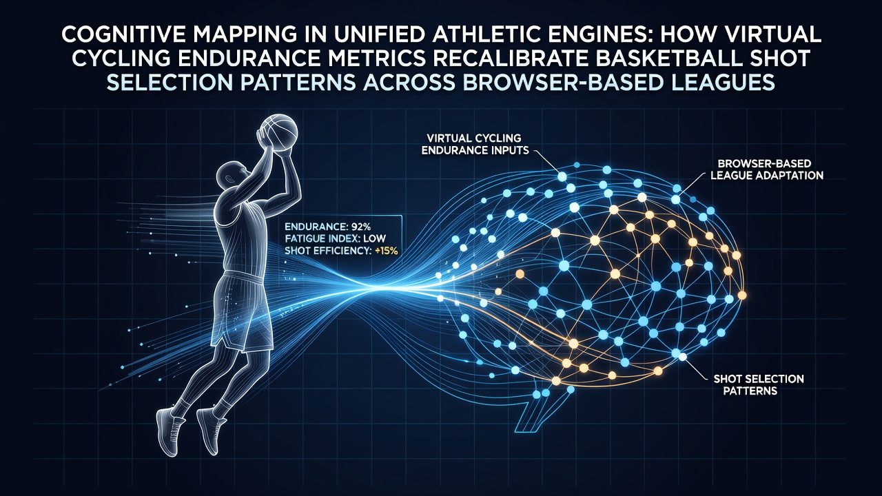 Browser-based athletic simulation interface displaying endurance metrics from cycling sessions transferring to basketball shot selection dashboards