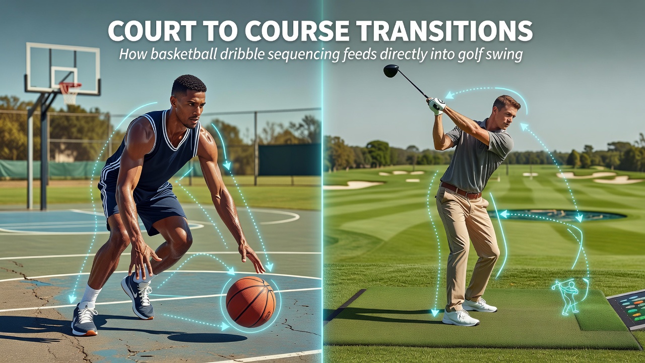 Split-screen view showing basketball dribble sequence on the left feeding into a precise golf swing calibration on the right inside a multiplayer simulation engine