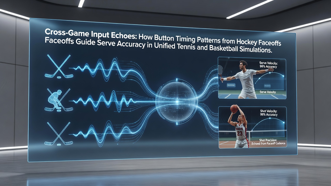 Digital interface showing button timing overlays from hockey faceoffs mapped onto tennis serve mechanics in a unified simulation environment