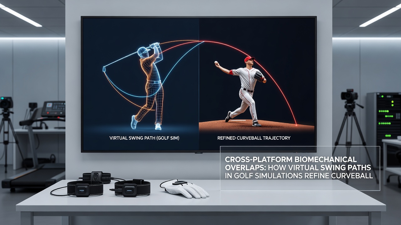 Screenshot of browser interface displaying synchronized biomechanical data between golf, baseball, and hockey simulations