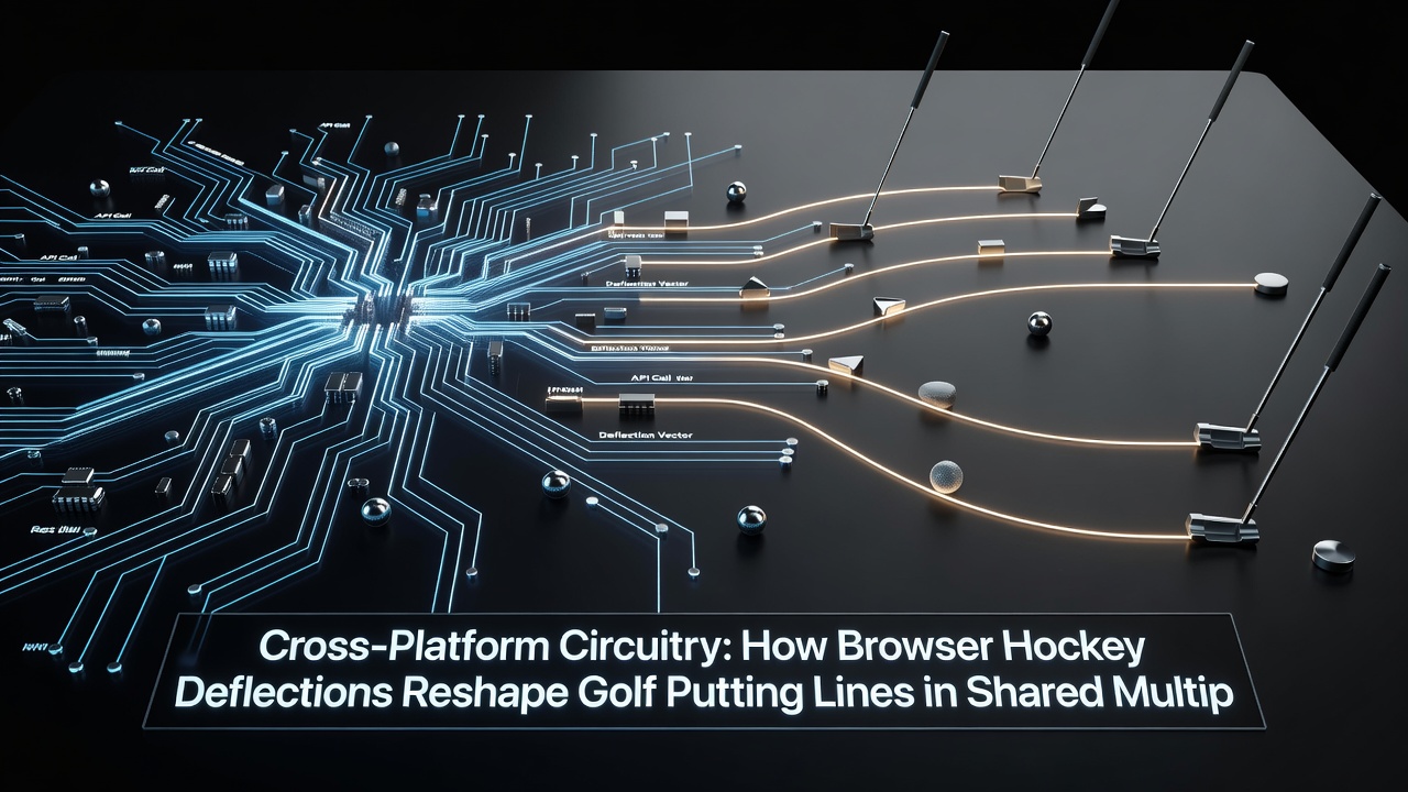 Detailed view of physics engine data flow between hockey puck trajectories and golf ball putting lines in a shared browser simulation