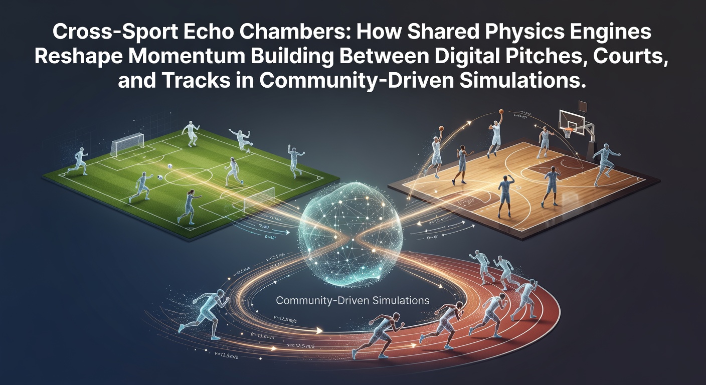 Visualization of interconnected digital sports arenas showing momentum transfer between baseball pitches, basketball courts, and racing tracks via shared physics engines