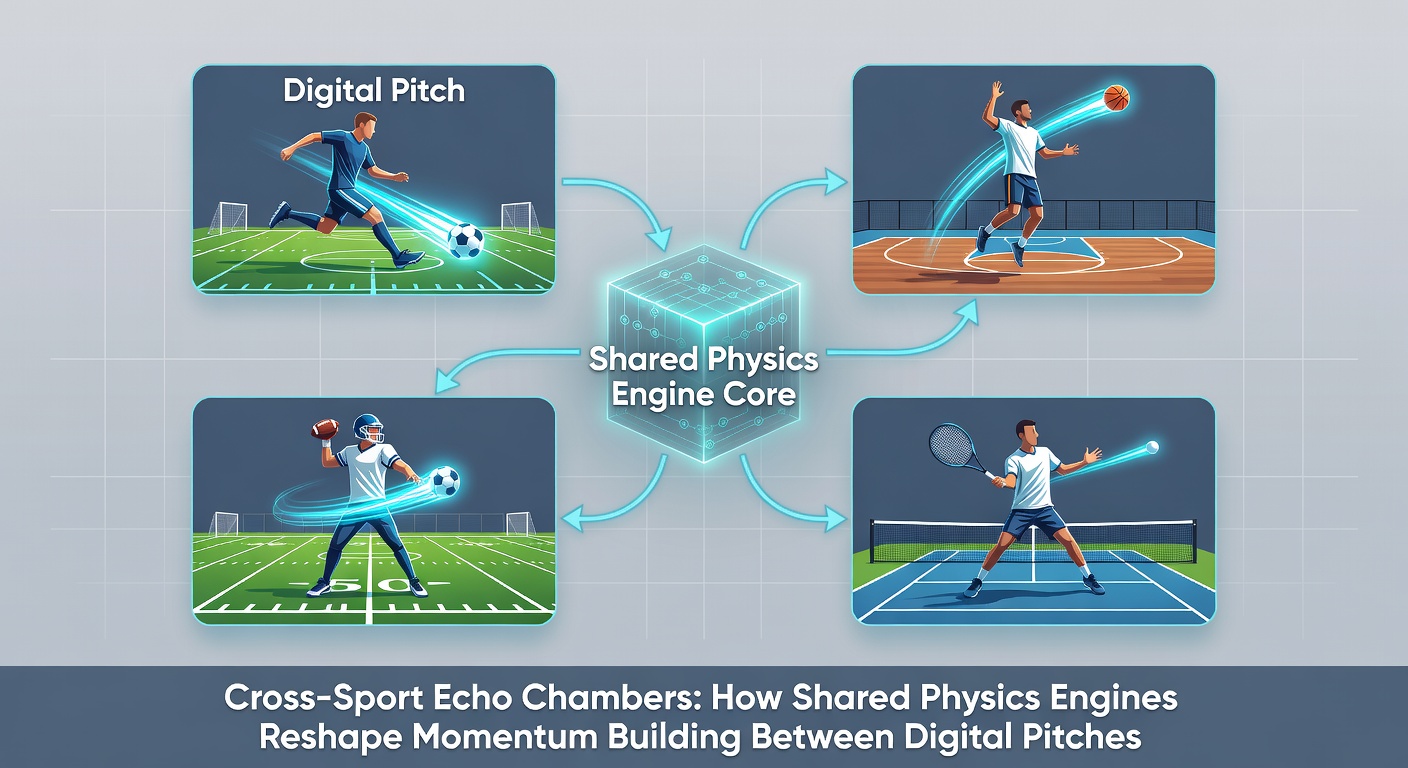 Community players interacting across virtual pitches, courts, and tracks with visible momentum flow indicators