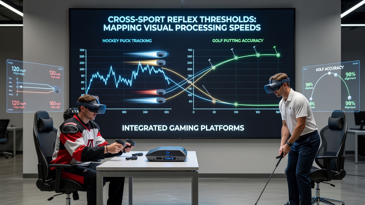 Diagram showing visual processing pathways from hockey puck tracking to golf putting in integrated gaming simulations