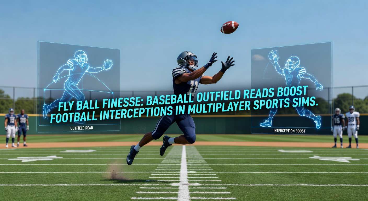 Baseball outfielder tracking a high fly ball under stadium lights, mirroring anticipation skills vital for football interceptions in sims