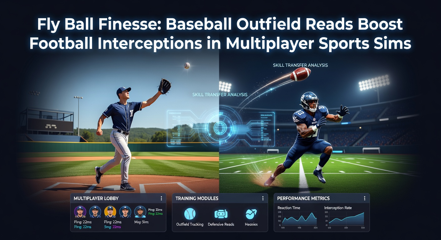 Football defender leaping for an interception in a vibrant multiplayer sim arena, showcasing baseball-inspired trajectory reads in action