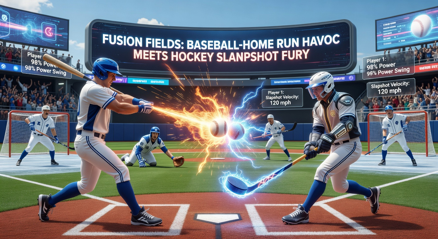 Dynamic screenshot of Fusion Fields gameplay showing a player launching a hybrid baseball-hockey puck toward goals in a chaotic multiplayer arena