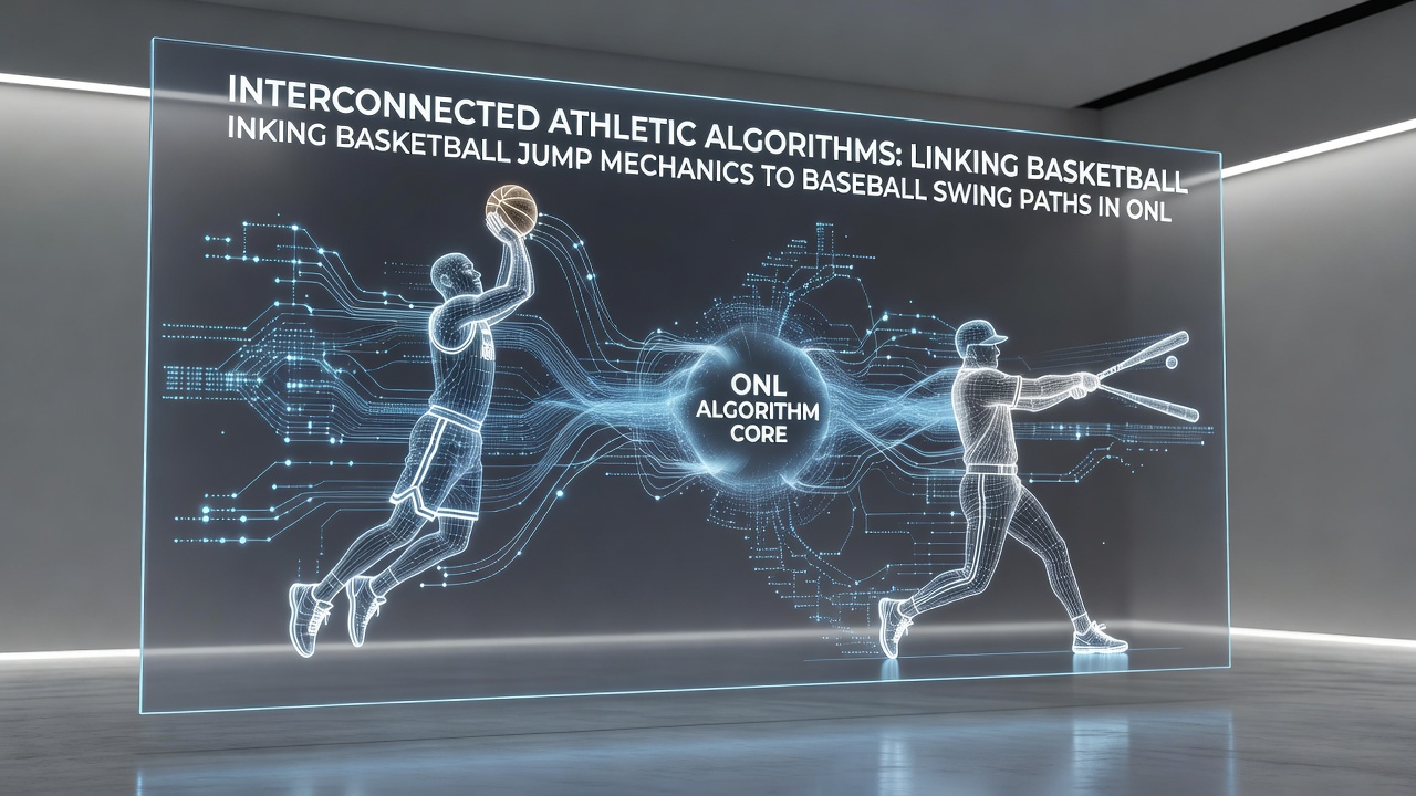 Side-by-side visualization of basketball jump trajectory data overlaid on baseball swing path adjustments in a simulation interface