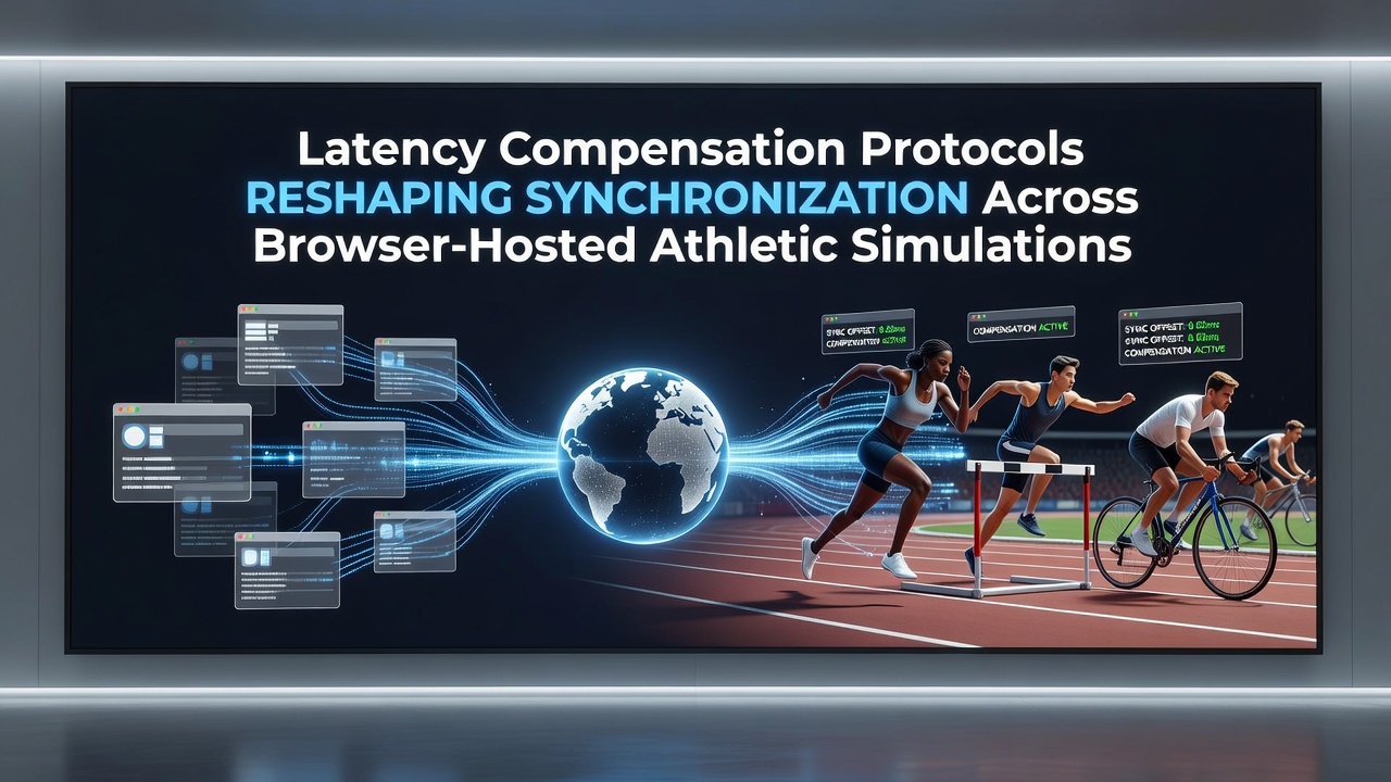 Diagram showing latency compensation techniques applied to browser-based multiplayer sports simulations with synchronized player movements