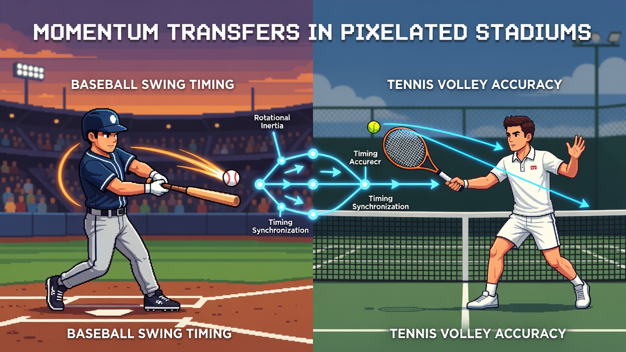 Multiplayer browser interface displaying baseball and tennis elements side by side with momentum indicators and timing metrics