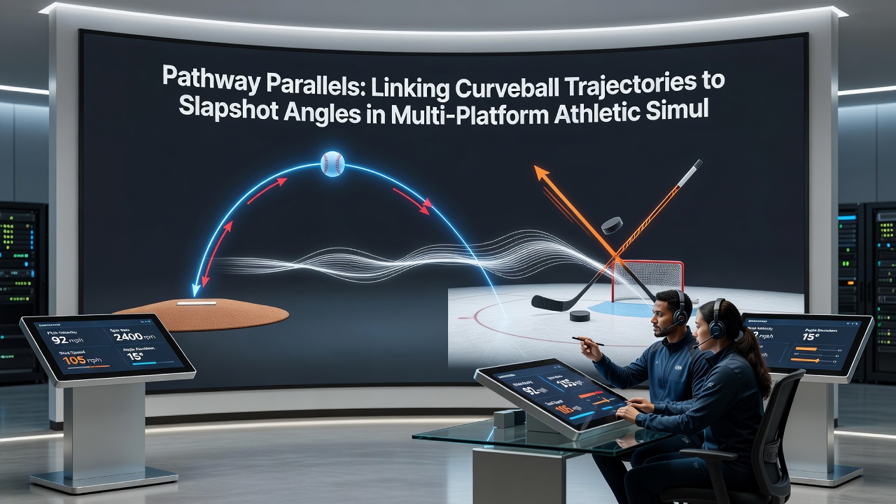 Side-by-side comparison of trajectory overlays from baseball and hockey modules in athletic simulation software