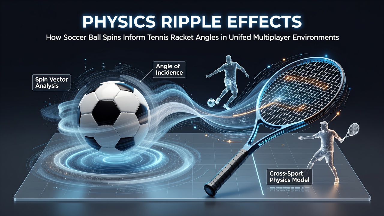 Illustration of interconnected physics models showing soccer ball spin influencing tennis racket dynamics in multiplayer game engines