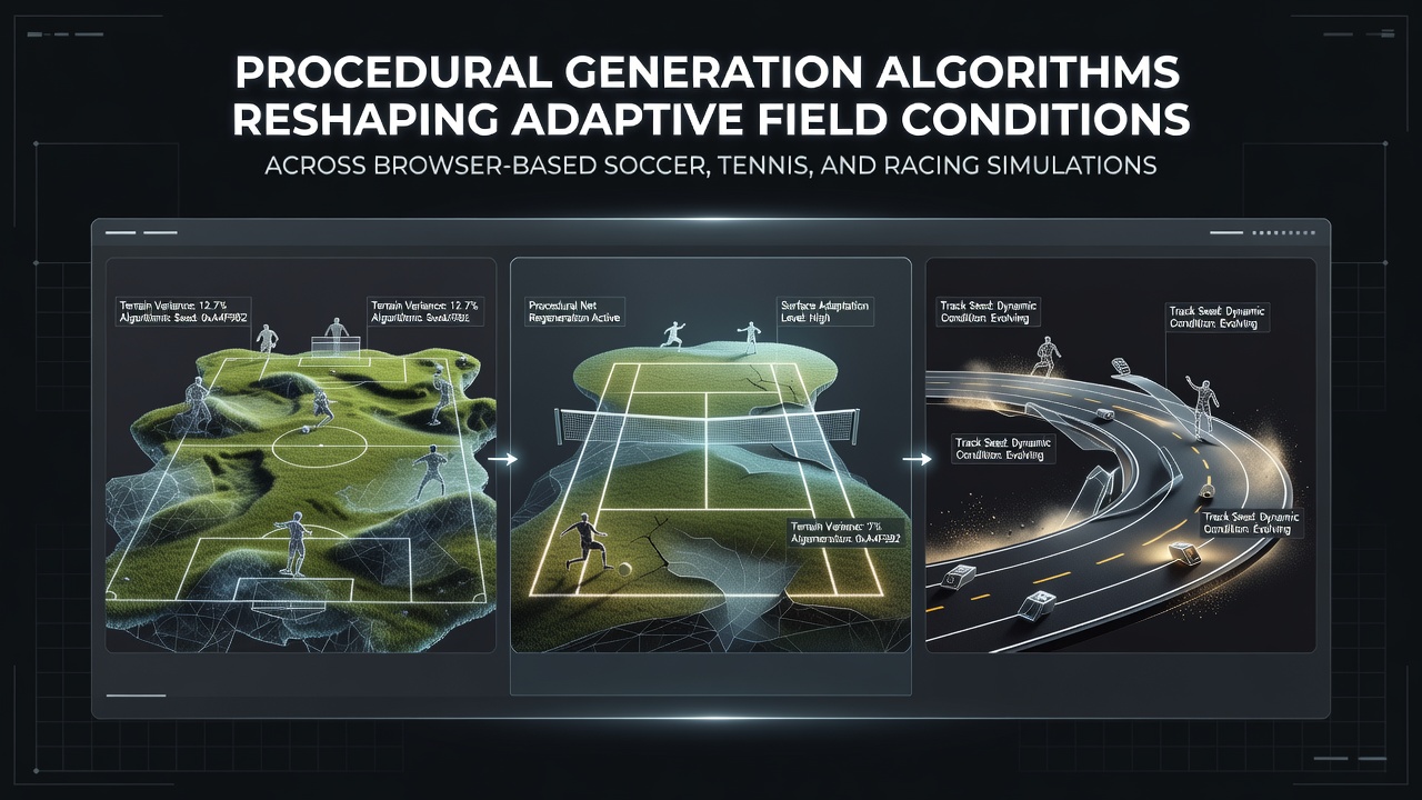 Procedural generation creating adaptive soccer field conditions in a browser simulation