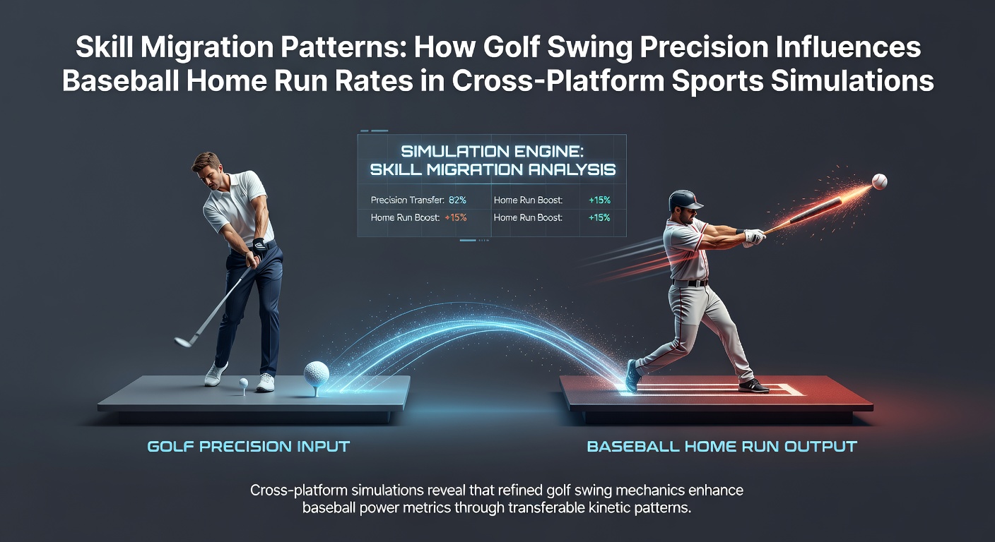 Cross-platform sports simulation interface showing golf swing mechanics transferring to baseball batting sequences