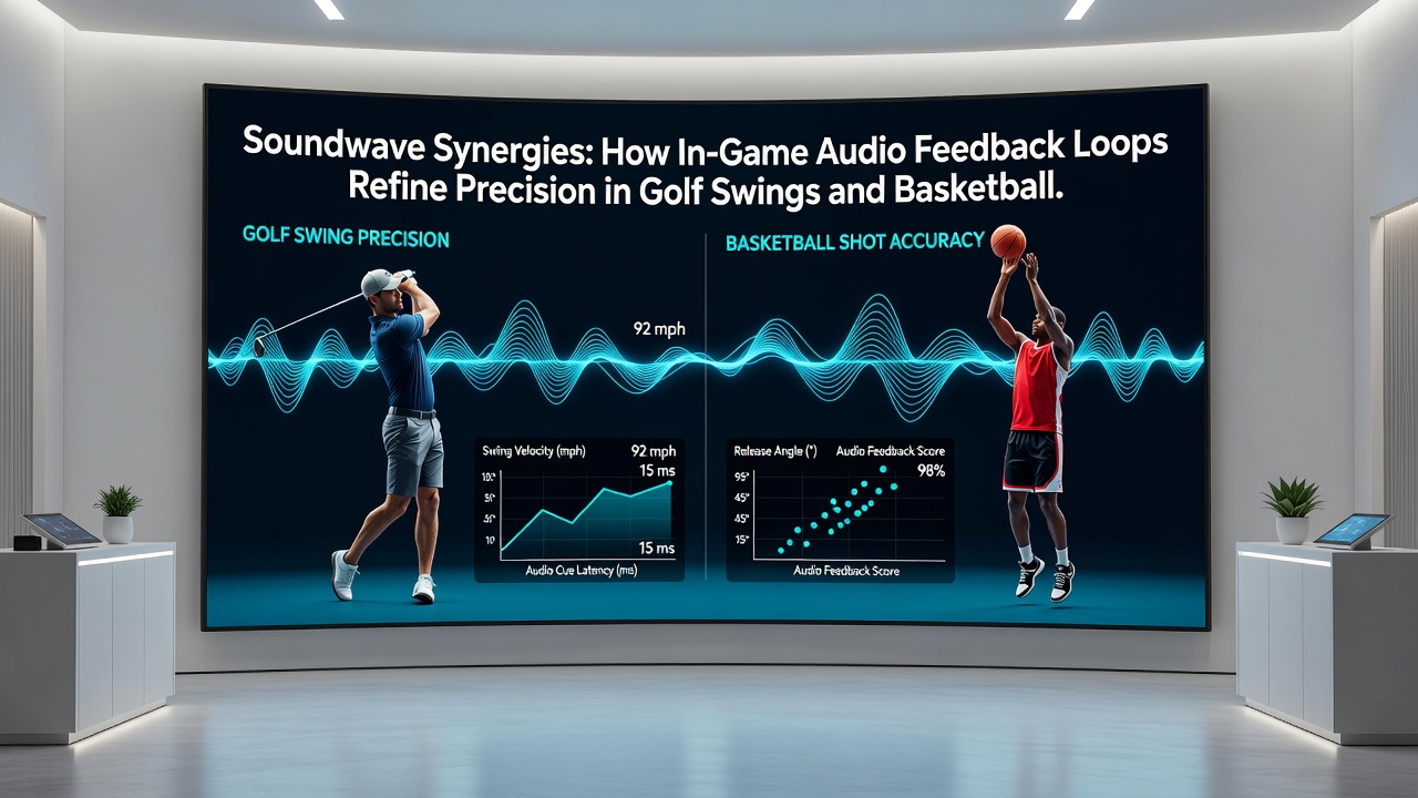 Side-by-side comparison of audio waveform adjustments during golf swing and basketball free throw sequences in shared simulation software