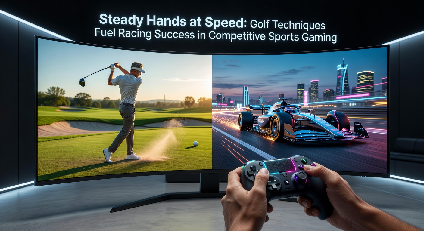 A golfer mid-swing transitions seamlessly into a racing simulator cockpit, highlighting the precision overlap in esports training