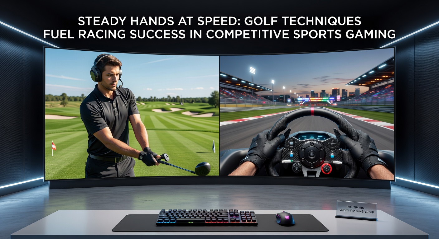 Esports racer gripping a wheel with golf-inspired steady hands, screen showing a tight virtual chicane navigated flawlessly