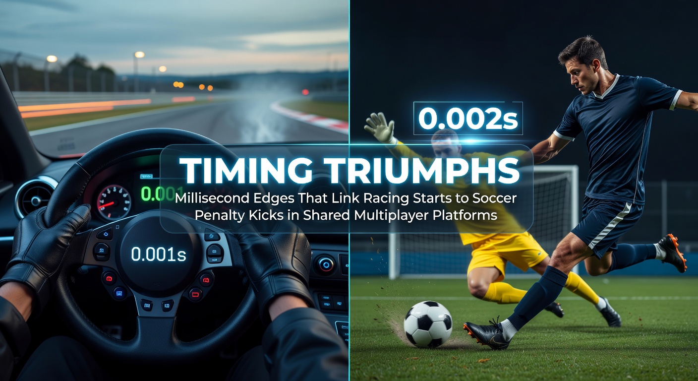 Racing start lights and soccer penalty kick moment side by side on a multiplayer gaming interface