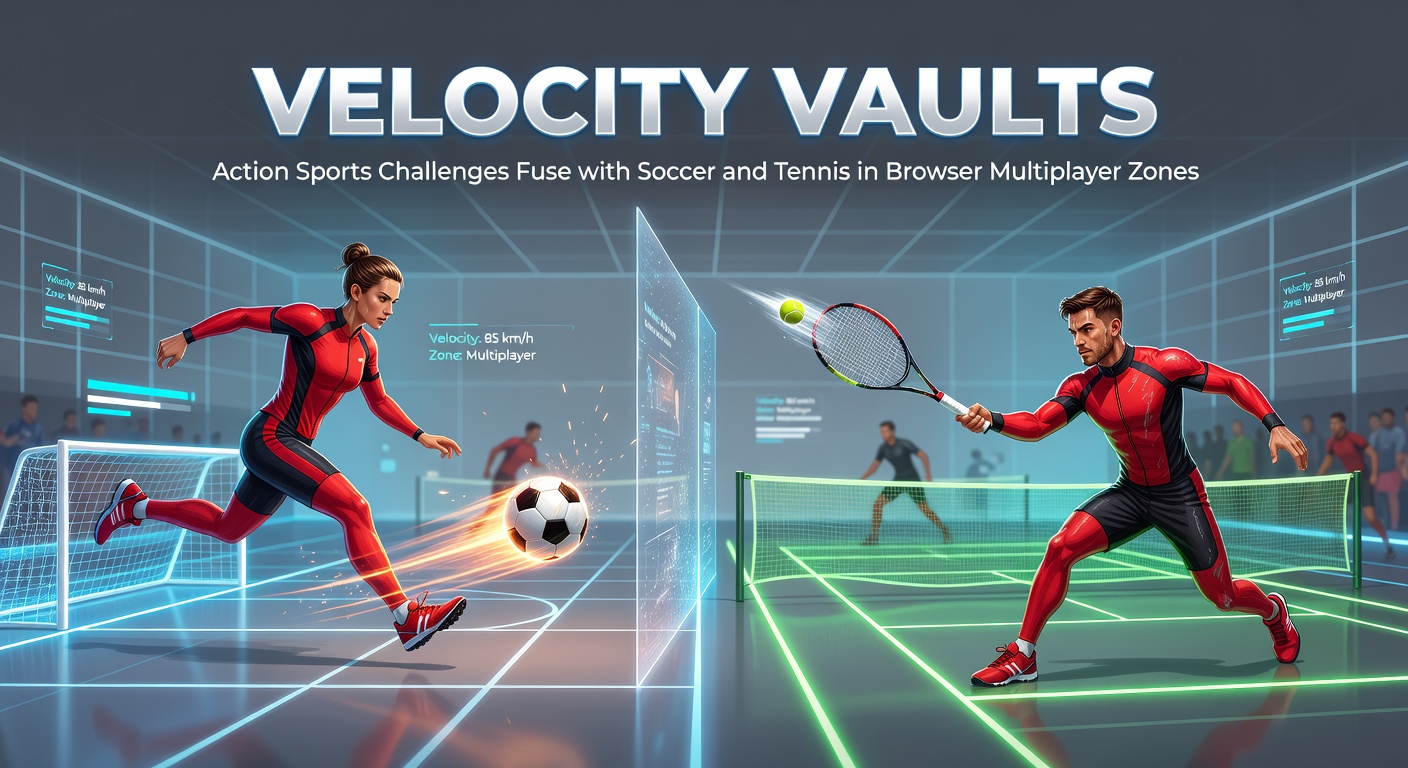 Players leaping over obstacles in a high-speed Velocity Vaults match, blending soccer volleys with parkour vaults