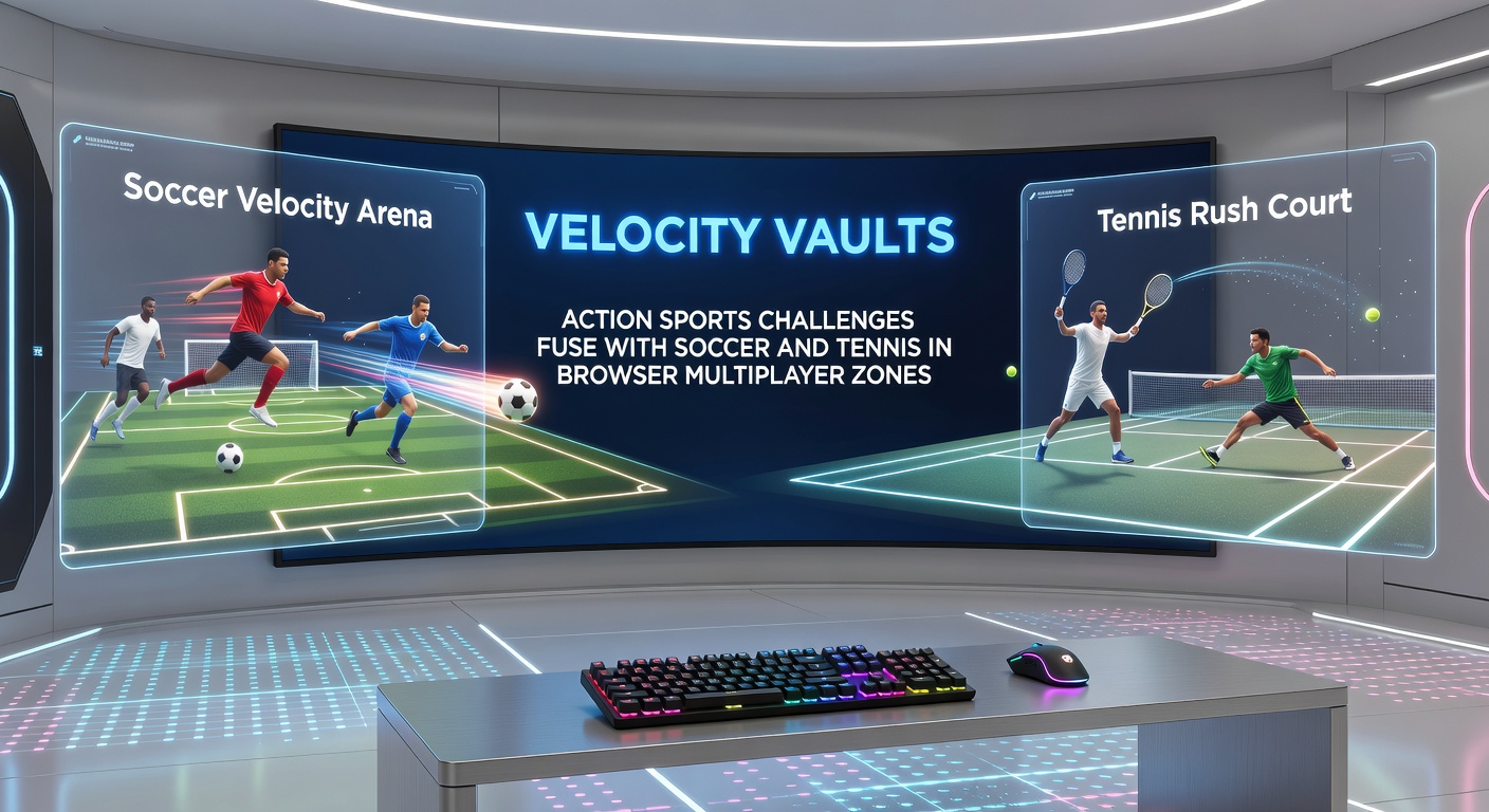 Intense multiplayer showdown in Velocity Vaults tennis vault zone, with players mid-flip smashing balls over ramps
