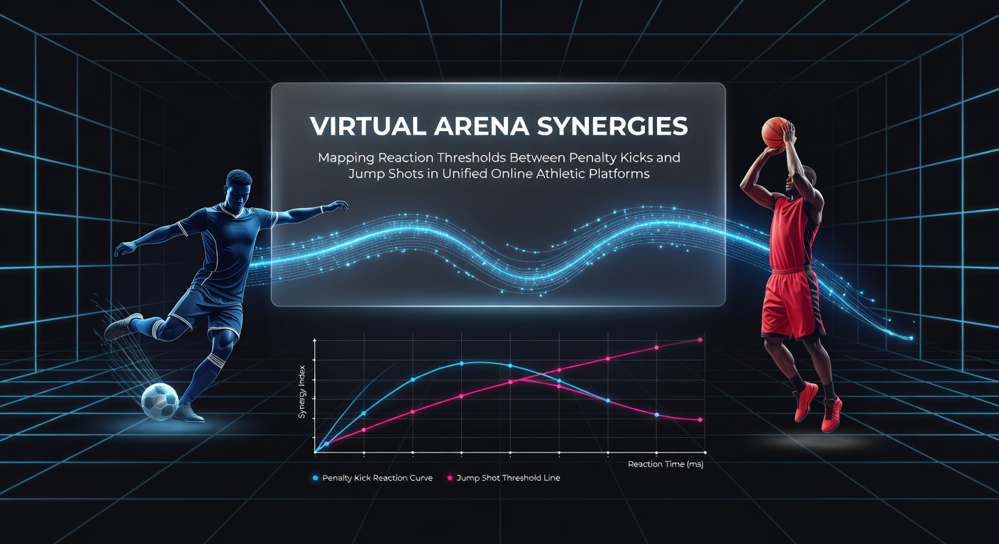 Interface diagram illustrating reaction threshold mapping between soccer penalty kicks and basketball jump shots in a unified virtual arena platform