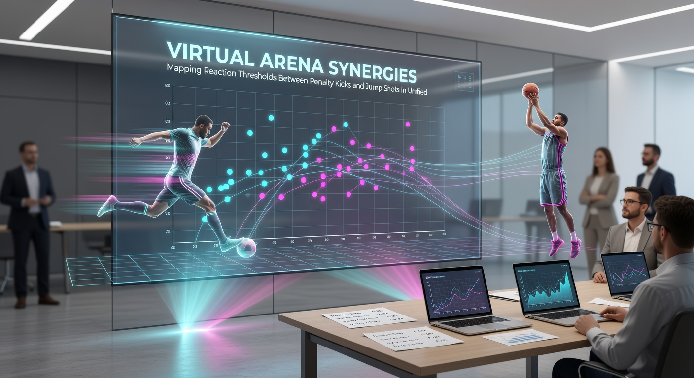 Analytics dashboard displaying cross-sport reaction threshold data for penalty kicks and jump shots in multiplayer athletic simulations