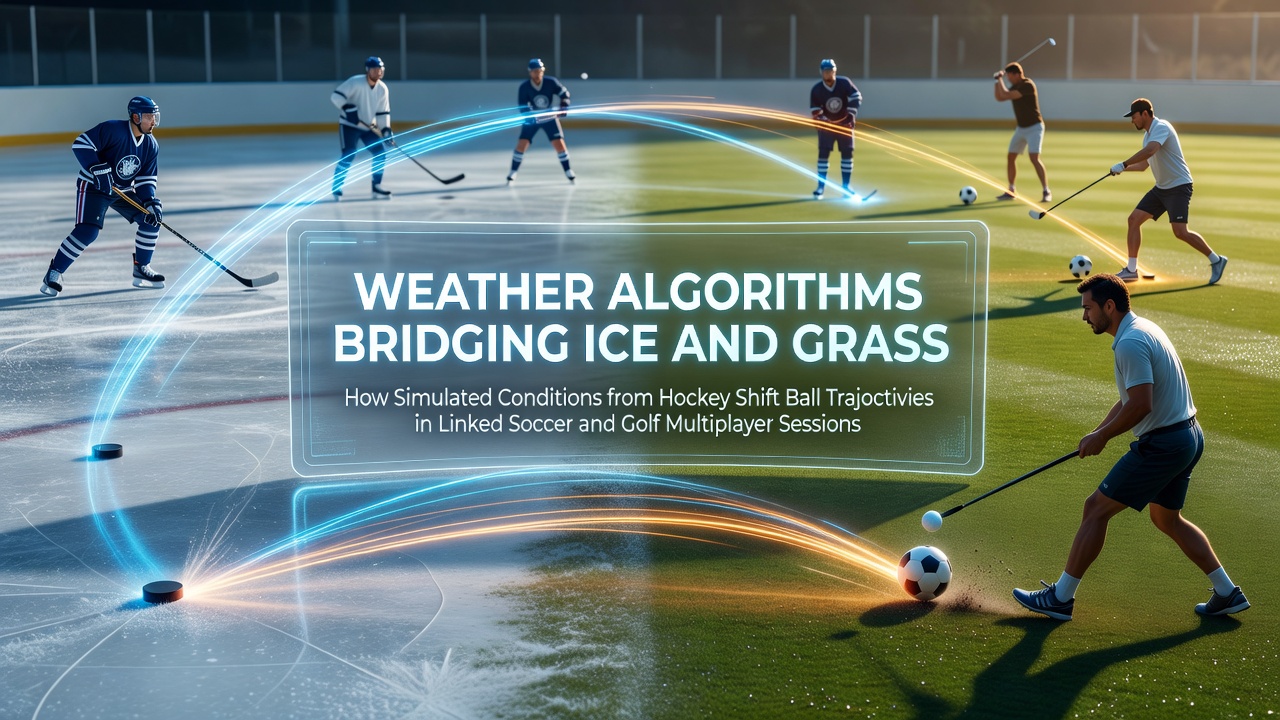 Diagram showing weather simulation data flowing from hockey ice rinks to soccer fields and golf courses in linked multiplayer environments