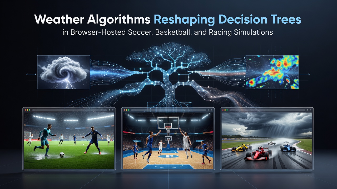 Browser interface showing weather overlays affecting soccer ball trajectories and AI pathing decisions during a simulated match