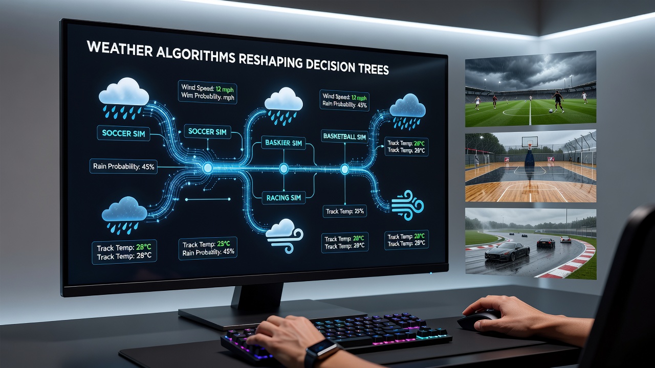 Close-up of racing simulation dashboard displaying real-time wind and precipitation metrics feeding into AI trajectory trees